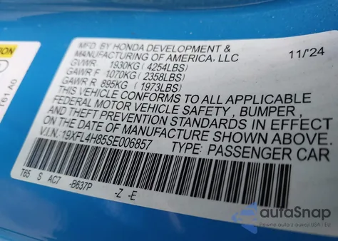 2025 Honda Civic Hybrid Sport from USA, damaged, VIN 19XFL4H85SE006857